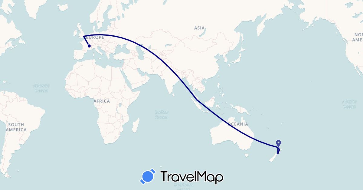 TravelMap itinerary: driving in France, United Kingdom, Malaysia, New Zealand (Asia, Europe, Oceania)